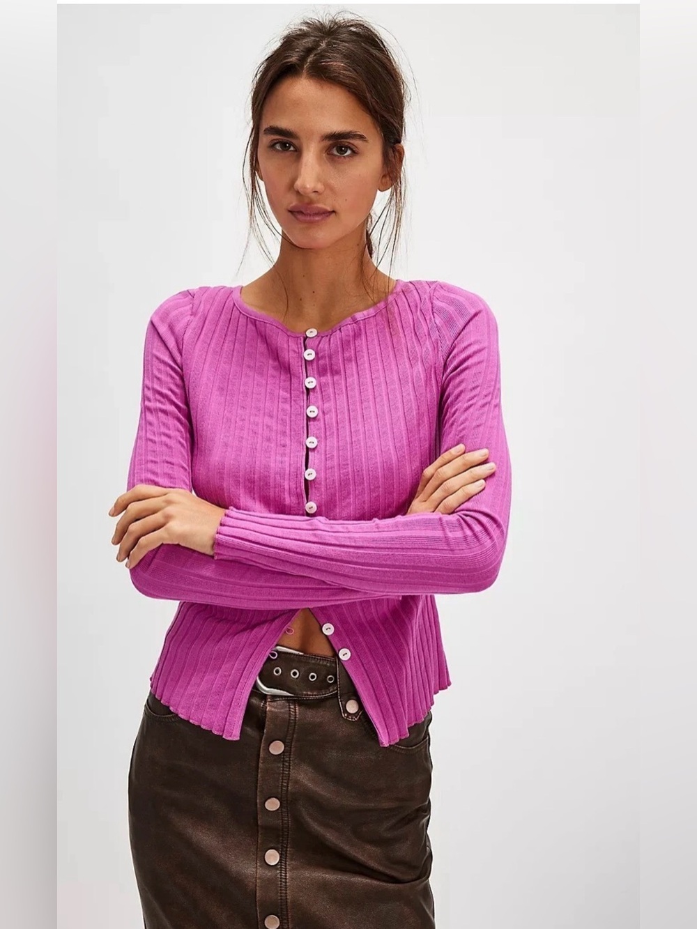 Free People Pink Tilly Ribbed Knit Button Down Long Sleeve OB2149766 Women's XL